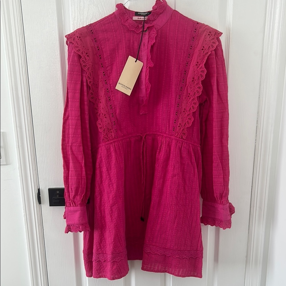 Scotch & Soda Fuschia Cotton Lace Trim Dress